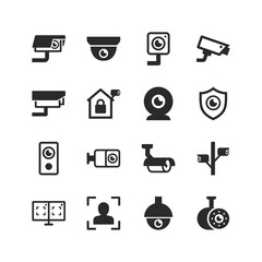 Surveillance camera icons set. Security camera. Camera for installation on a pole, on the house, desktop on a stand. Online live transmission and video recording. Black and white style