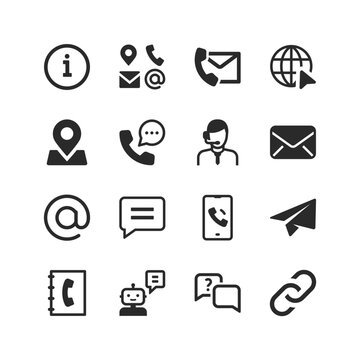 Contact us icons set. Contacting the business and whether the company. Options for contacting support. Consultation and question answering. Black and white style