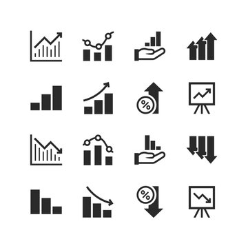 Increase and decrease icons set. Charts and figures with increases and decreases. Rising up and falling down. Growth, success and failure, negative outcome. Black and white style