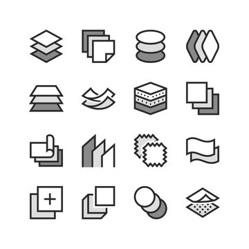 Layers of material icons set. Multilayer. Layered material, structure and properties. Black and white style