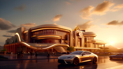 luxury car is parked in front of a modern, curved building with large windows and a golden statue, as the sun sets behind hills - Powered by Adobe
