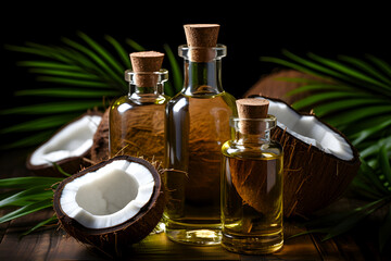 Obraz na płótnie Canvas Three bottles of coconut oil with corks stand next to fresh coconuts and green leaves on a wooden surface with a dark background