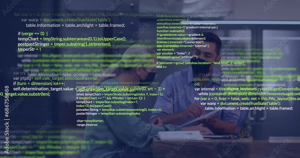 Poster animation of computer language over caucasian coworkers wearing mask discussing reports