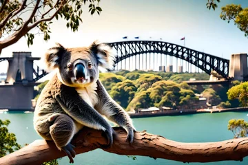 Cercles muraux Sydney Harbour Bridge **koala on a branch with sydney harbour  bridge background generative al