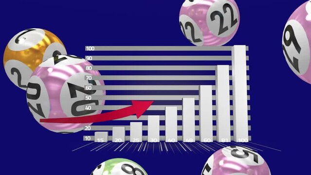 Animation of arrow on growing bar graph and numbers on ball against blue background