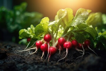 radish grow in the vegetable garden in sunny day. Harvest