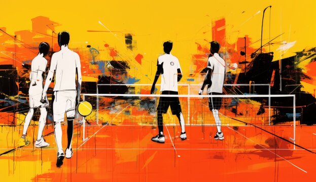 men standing on the tennis court and soccer players on the field of an orange and yellow background Generative AI