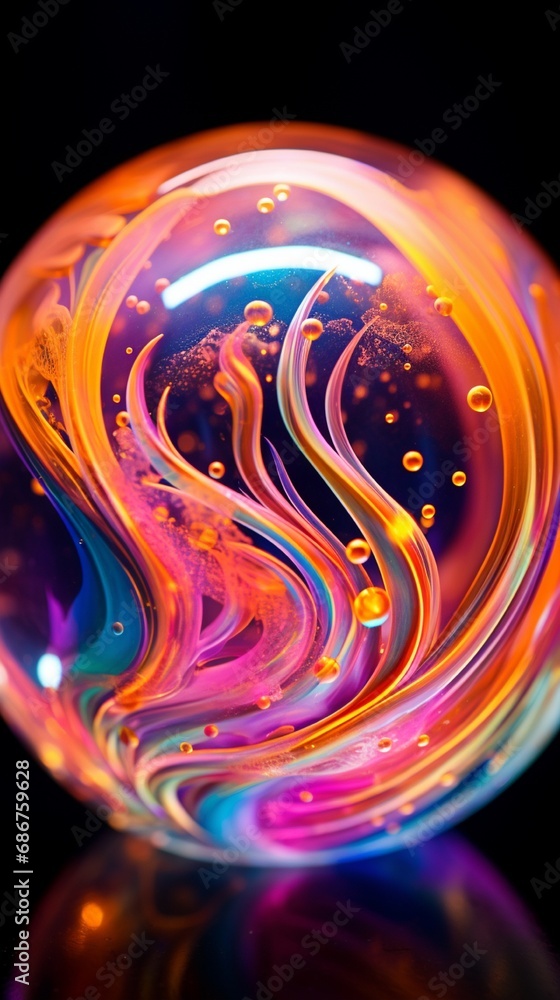 Poster an image of an iridescent soap bubble film, the surface alive with swirling patterns of fluorescent 