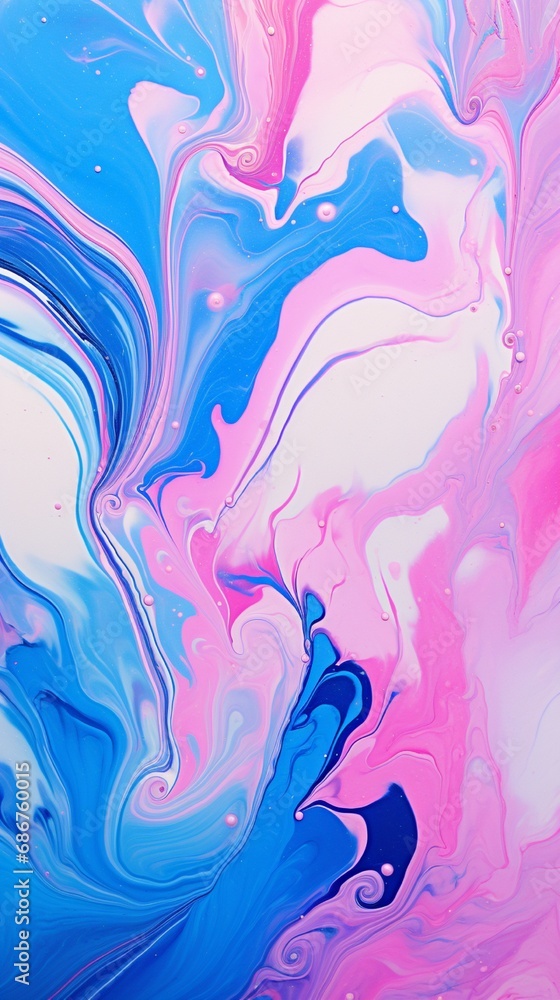 Poster an image of a glossy, marbled surface, intertwining veins of vivid pinks and blues merging into a lu