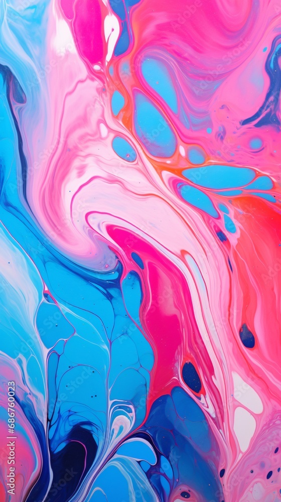 Poster an image of a glossy, marbled surface, intertwining veins of vivid pinks and blues merging into a lu