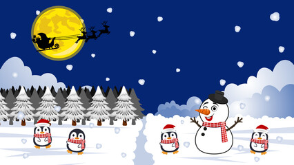 Christmas cartoon cute penguins and snowman with Santa Claus and reindeer silhouettes on snow background. Funny birds in santa hats and scarves.