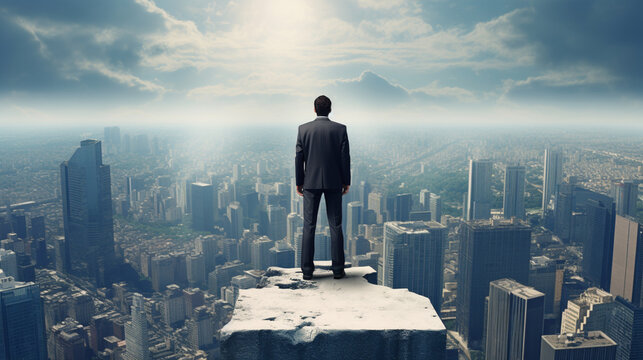 Businessman with his back turned thinking about a goal above a larger gap seeing the entire city