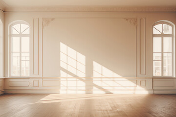 Fototapeta premium Spacious, empty room with large window. Bright, minimalistic interior. Ideal for various designs or concepts