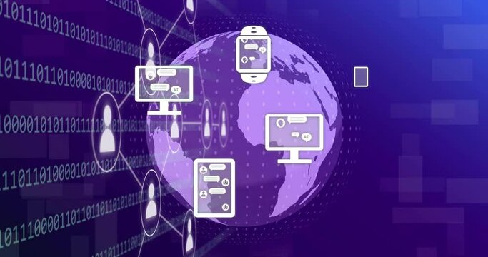 Animation of flowchart, application icons, binary codes and rotating globe over abstract background
