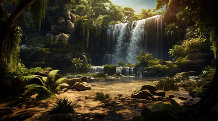 Sunlit Waterfall Amidst Lush Greenery Background