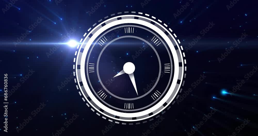 Poster animation of digital clock in loading circles with lens flare moving against black background