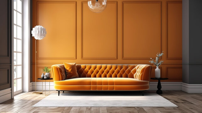 Poster frame mock up on an orange wall with a sofa and a floor lamp in the background. Generative Ai
