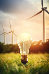 wind power plant and Light Bulb green energy industry concept wind power station renewable energy source created with Generative Ai