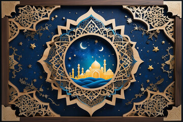 Intricate paper art featuring an Islamic architectural silhouette with a crescent moon and stars on a blue background, framed by ornate patterns.