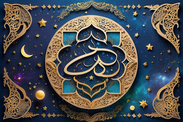 Intricate Arabic calligraphy with celestial motifs and ornate patterns on a starry background, suitable for Ramadan or Islamic themes.