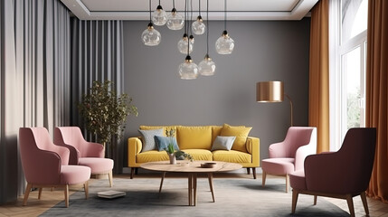 Stylish scandinavian living room with design mint sofa furnitures. Generative Ai