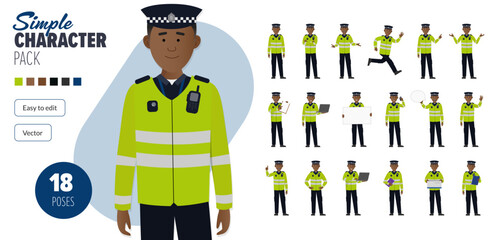 Simple flat black police man officer vector character in a set of multiple poses. Easy to edit and isolated on a white background. Modern trendy style character mega pack with lots of poses.