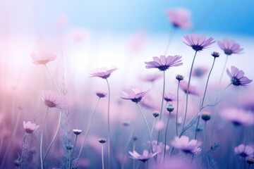 A dreamy field of purple wildflowers basking in the soft hues of a tranquil dusk, © Anna