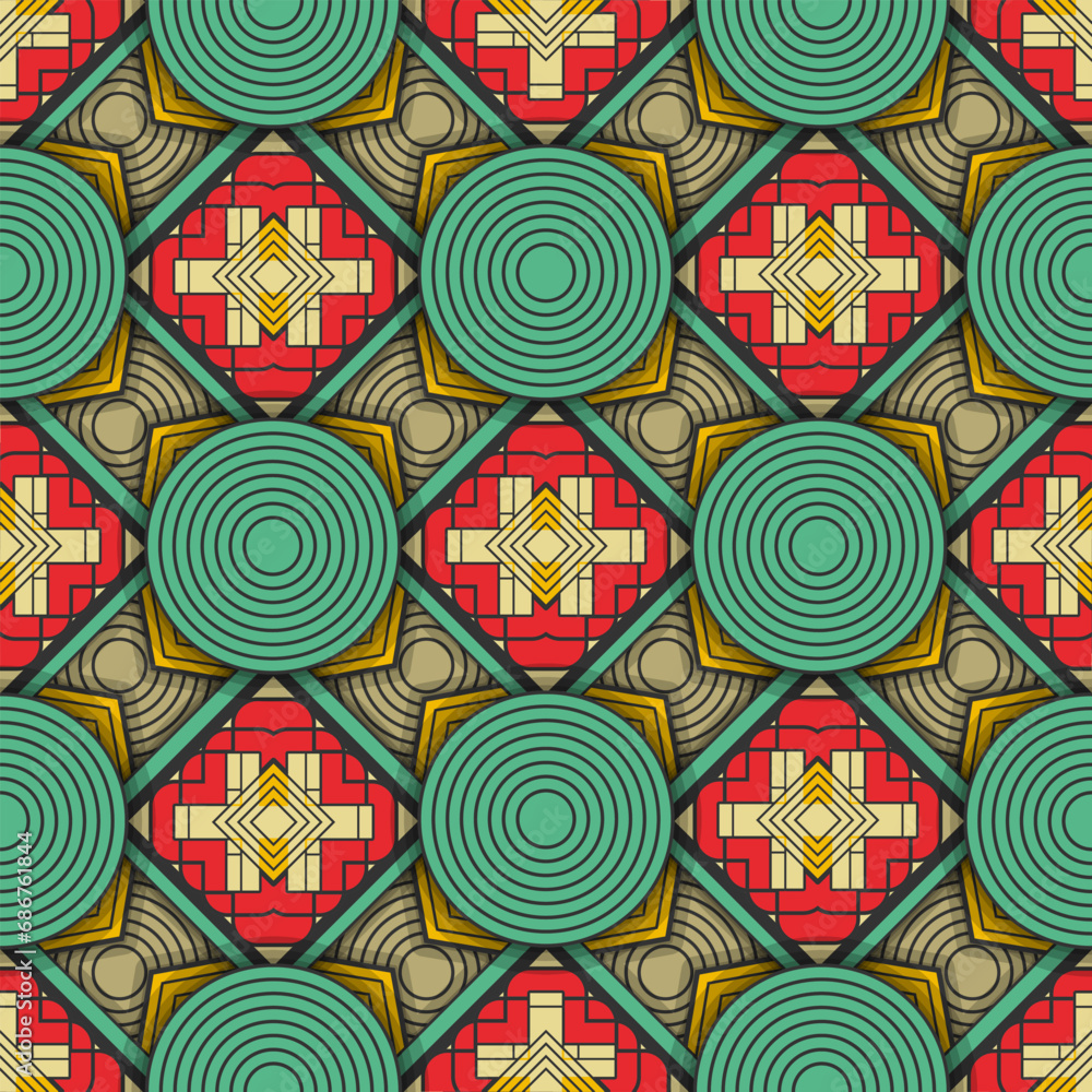 Poster seamless multi-layer background with original decorative elements. retro palette, dominated by red a