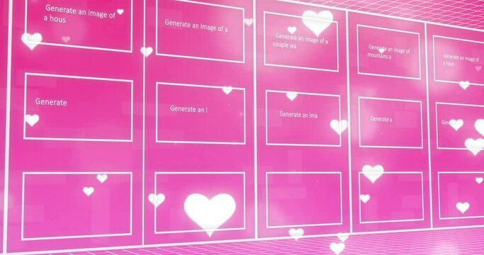 Animation of texts, pictures in rectangle with falling heart shapes and binary codes in background