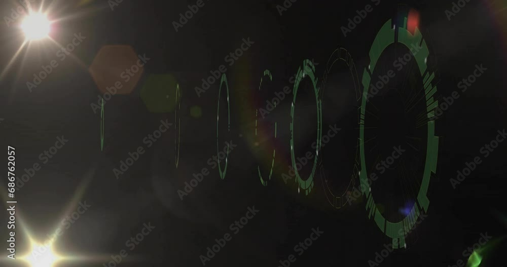 Poster animation of loading circles forming tunnel and lens flares moving against black background