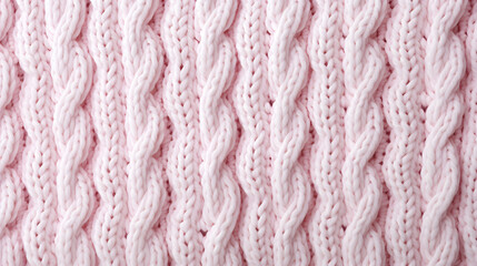 Knitted wool texture background. Close up of white and pink knitted fabric for cozy autumn and Christmas