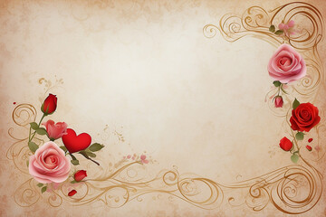 Elegant vintage floral background with red and pink roses, heart shapes, and decorative swirls on a textured beige backdrop.