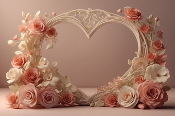 Elegant floral heart-shaped decoration with pastel roses and orchids on a soft pink background, perfect for wedding and romantic themes.