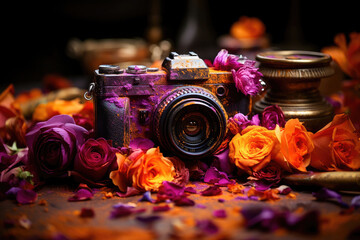 A vintage camera adorned with vibrant purple and orange roses, creating a nostalgic and artistic still life composition. - obrazy, fototapety, plakaty