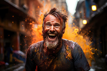Exuberant man covered in colorful paint splashes celebrating Holi with a joyous laughter on a vibrant street.