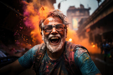 Joyful man celebrating the vibrant Holi festival, covered in colorful powder paint, expressing happiness and excitement.