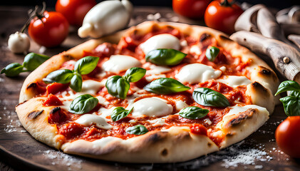 Tasty pizza closeup in a set composition of food photography. - obrazy, fototapety, plakaty