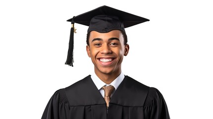 Cheerful African American guy in graduation, isolated white background