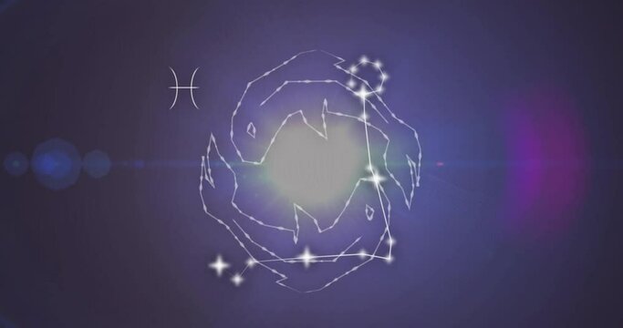 Animation of connected stars forming pisces symbol against black background