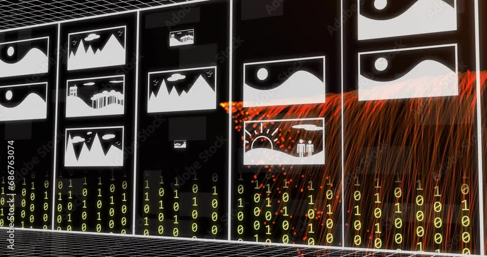 Poster animation of digital profile pictures, falling binary codes and abstract pattern on black background