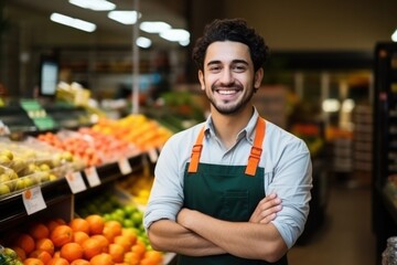 smiling black man working in a modern grocery store - obrazy, fototapety, plakaty