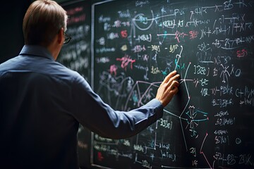 Male lecturer at university writing on blackboard in classroom various formulas.