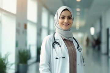 a portrait of a smiling muslim female doctor looking to camera
