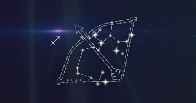 Animation of connected sagittarius symbol and lens flares moving against black background