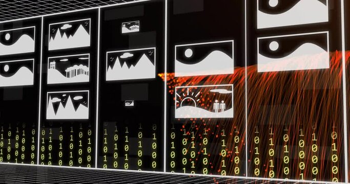 Animation of digital profile pictures, falling binary codes and abstract pattern on black background