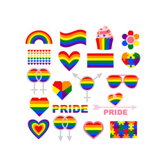Love, LGBT, gay, pride, rainbow flag, heart symbols, signs, gender icons, set of vector graphic design elements