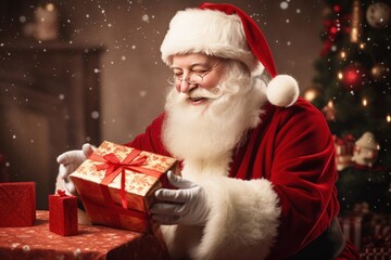smiling Santa holding a present box on Christmas