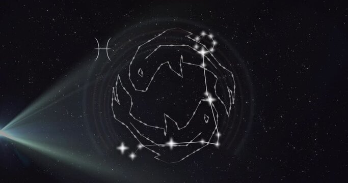 Animation of spotlight on connected stars forming pisces symbol against black background