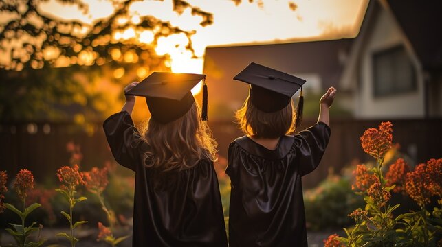 kids wearing graduation hats, garden background