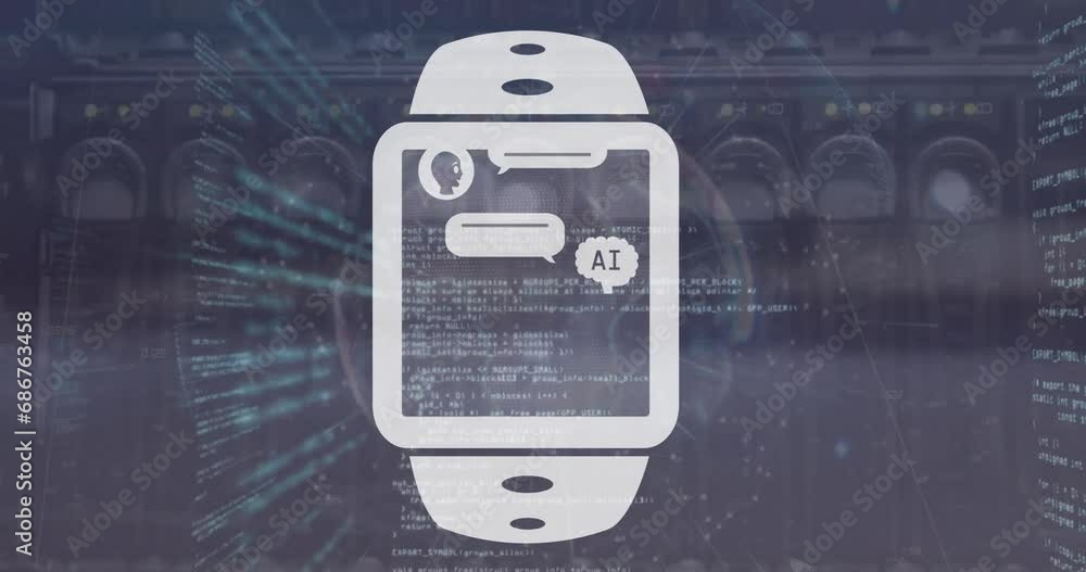Poster animation of ai chat box in digital watch over computer language against cables